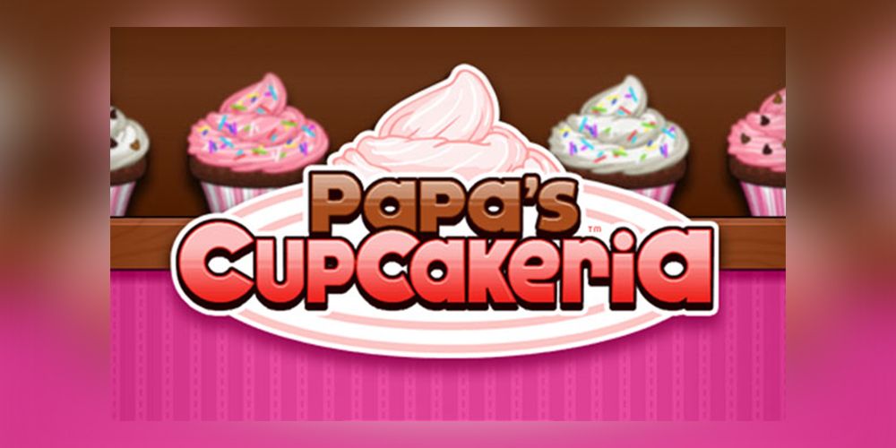 Papa's Cupcakeria Logo with cupcakes on a shelf behind it.