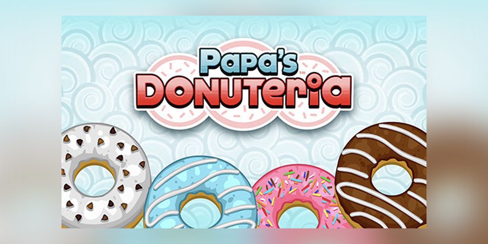 Papa's Donuteria logo displayed above four decorated donuts.