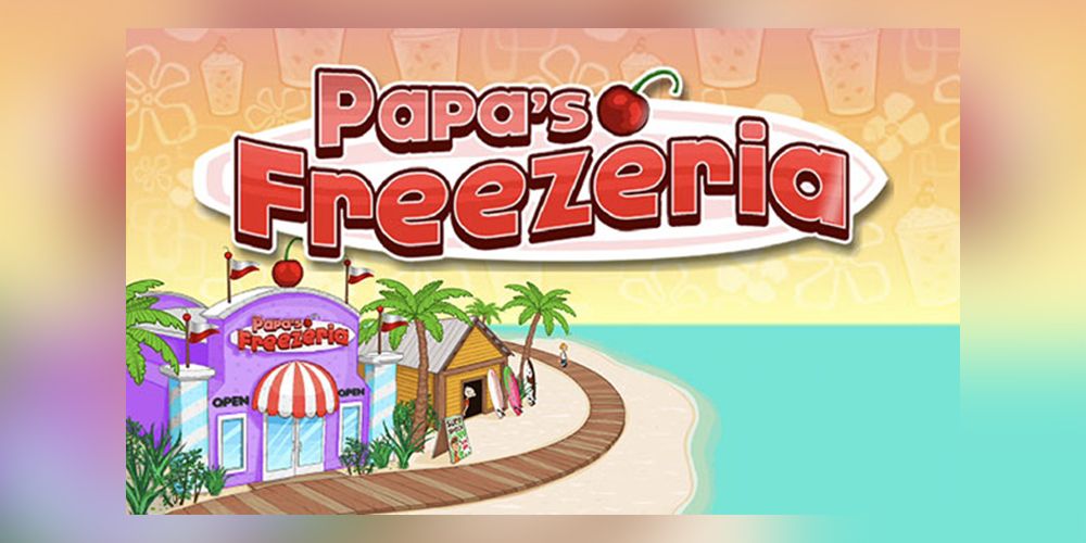 Papa's Freezeria logo displayed over a seaside storefront.