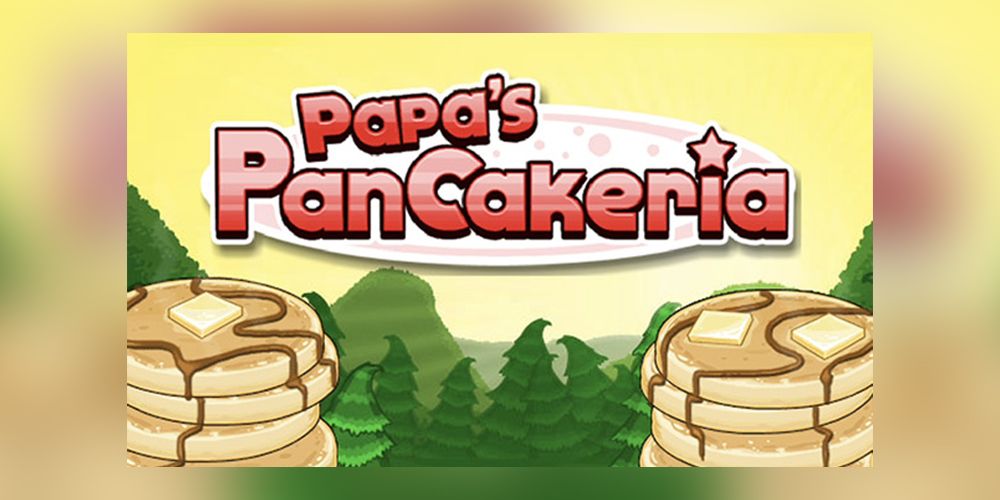 Papa's Pancakeria logo displayed above woodlands with pancakes.