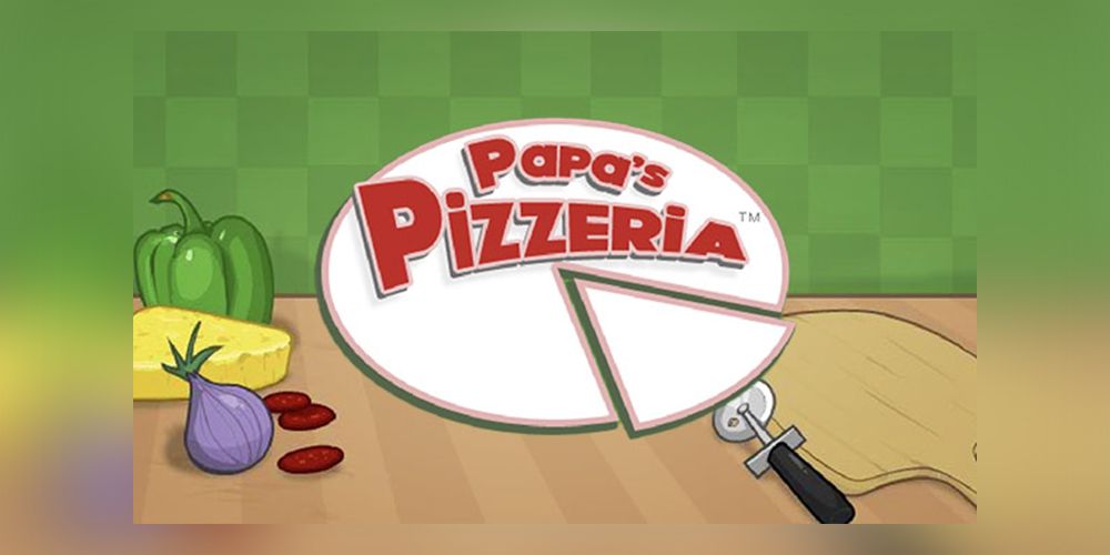 Papa's Pizzeria logo displayed on a counter next to pizza toppings.