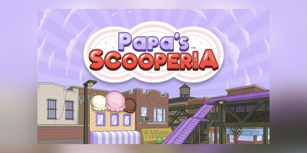 Papa's Scooperia logo displayed in the sky over the game's ice cream shop.