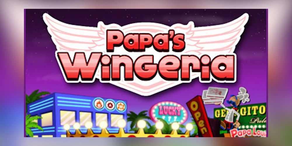 Papa's Wingeria logo displayed over a cityscape.