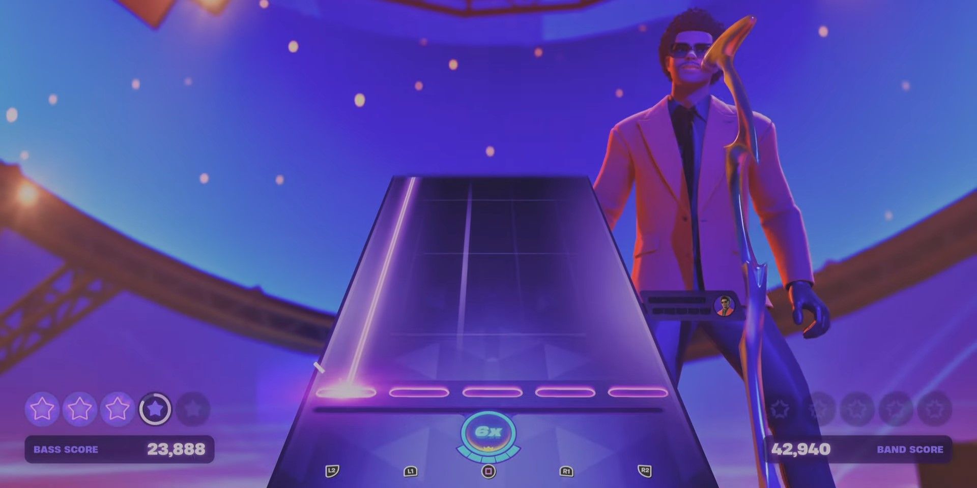 Performing Blinding Lights by the Weeknd in the Weeknd Skin in Fortnite Festival