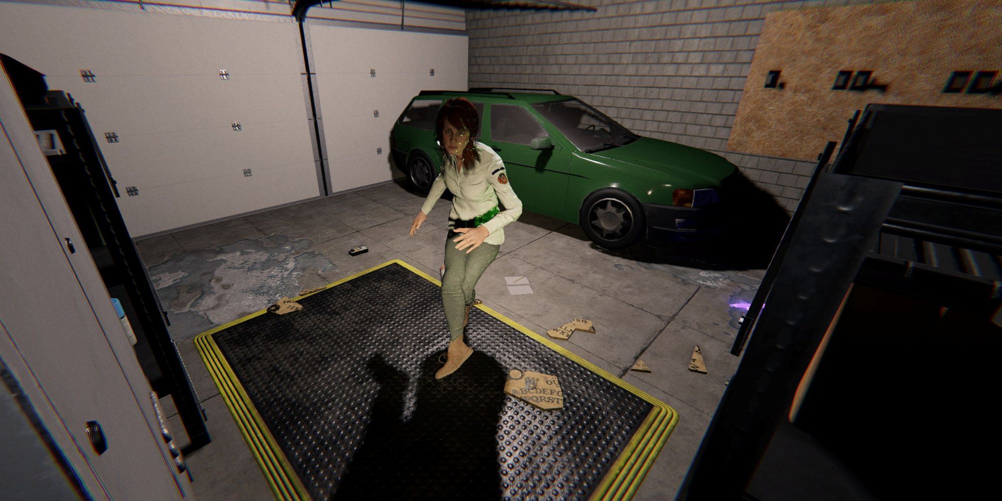 Phasmophobia player standing in garage with broken ouija board