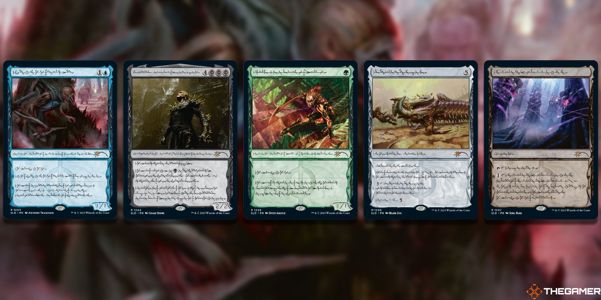 Five cards from Magic: The Gathering's Phyrexian Faves Secret Lair Drop