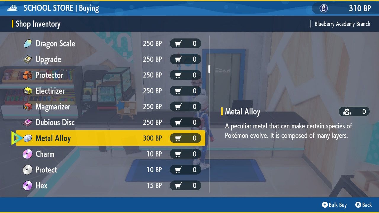 The Metal Alloy item in the School Store at the Blueberry Academy in Pokemon Scarlet & Violet.