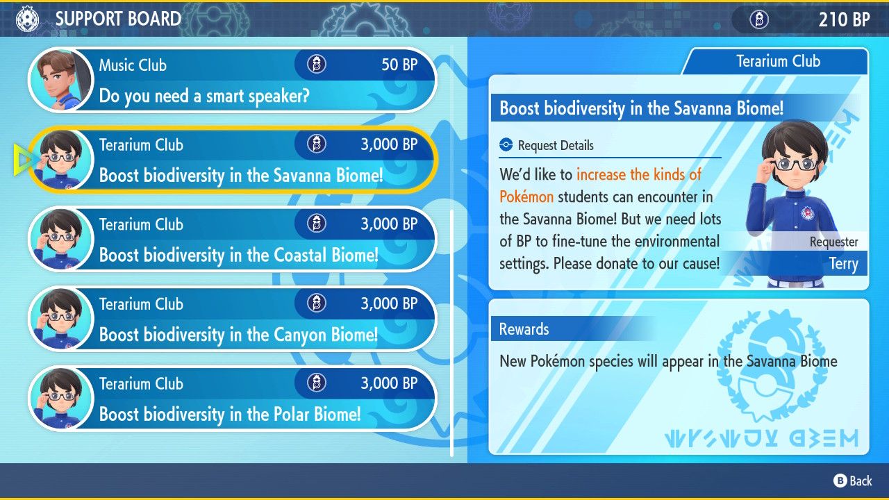 The League Room Support Board, showing the missions to unlock the Starter Pokemon in Pokemon Scarlet & Violet.
