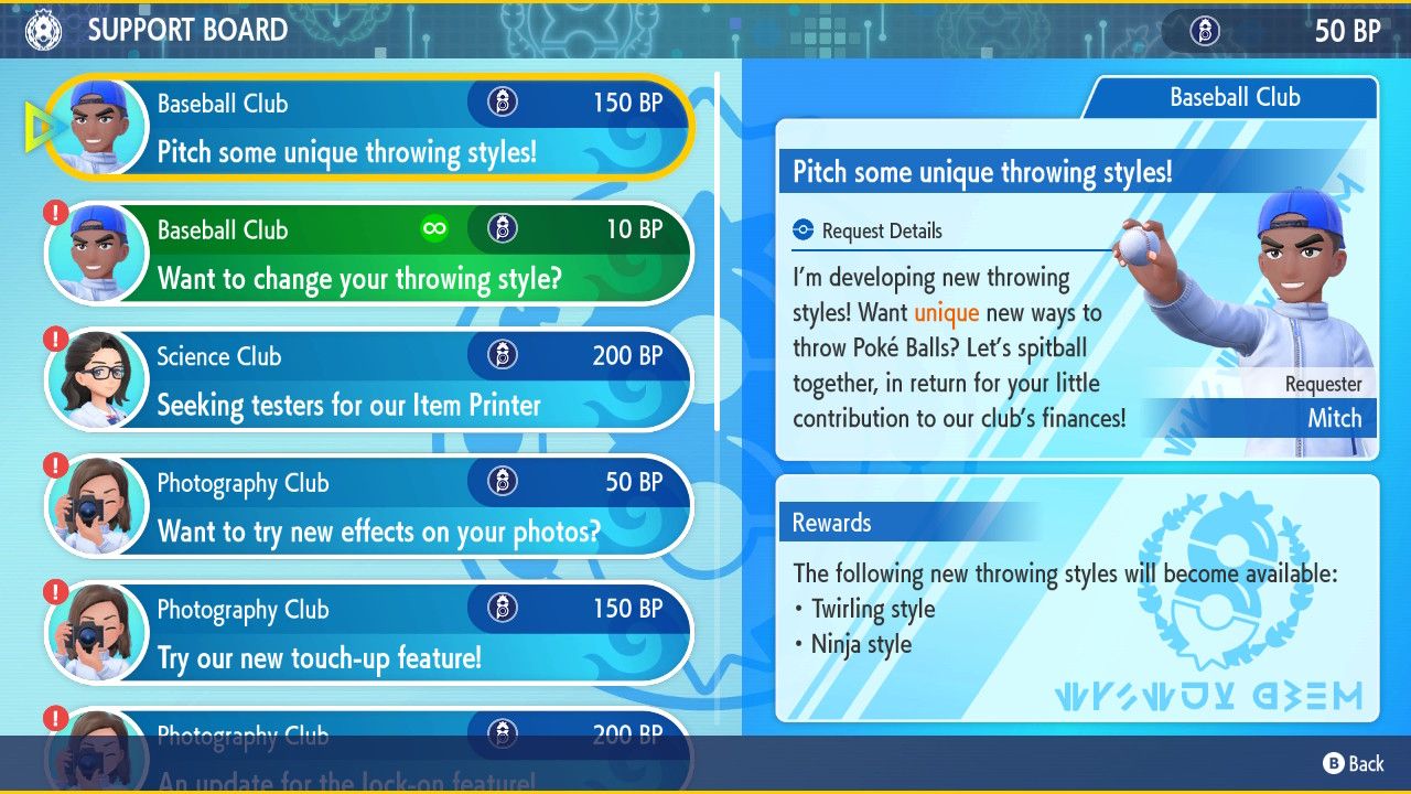 The Support Board menu in Pokemon Scarlet & Violet.