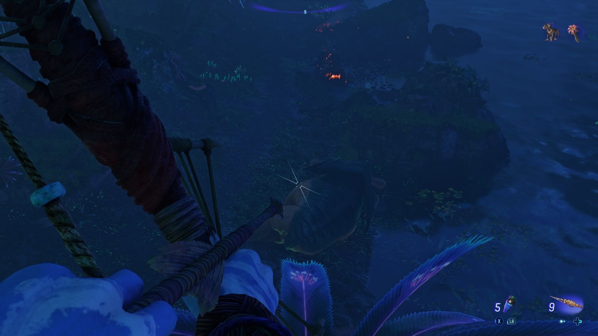 Player holding his bow and about to hunt the animal in front of him Avatar Frontiers of Pandora