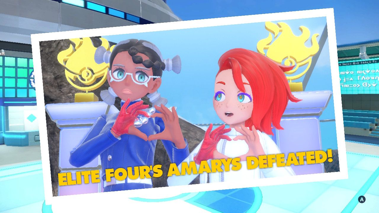 Pokemon Violet Amarys Victory picture showing Amarys and the player doing a heart post with their hands
