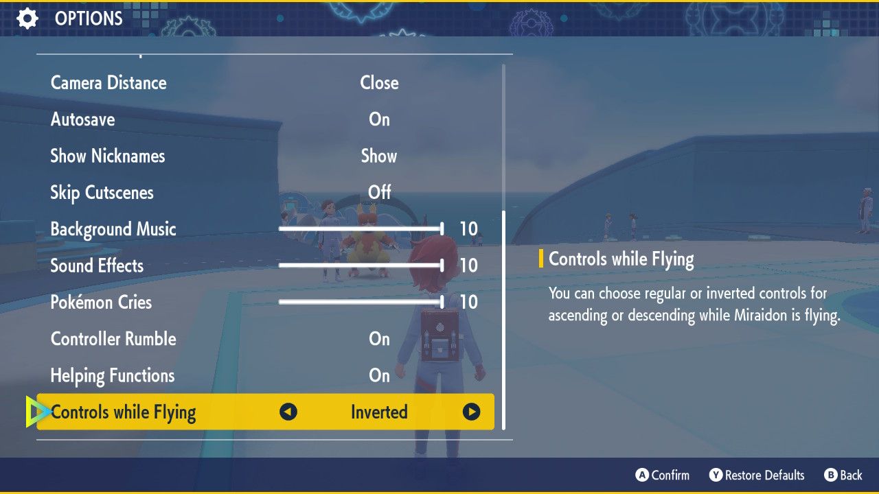 A menu showing all the options for the Flight Controls in Pokemon Violet.
