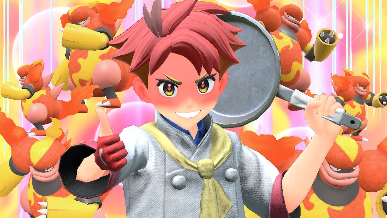 Pokemon Violet Crispin Eating A Spicy Sandwich surrounded by Magmortar