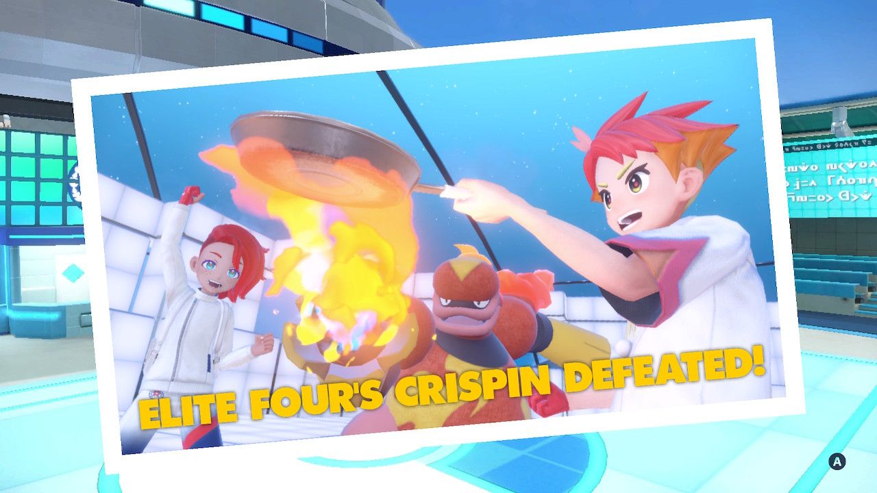 Pokemon Violet Crispin Victory picture showing the player cheering as Crispin cooks while his Magmortar heats his trusty frying pan