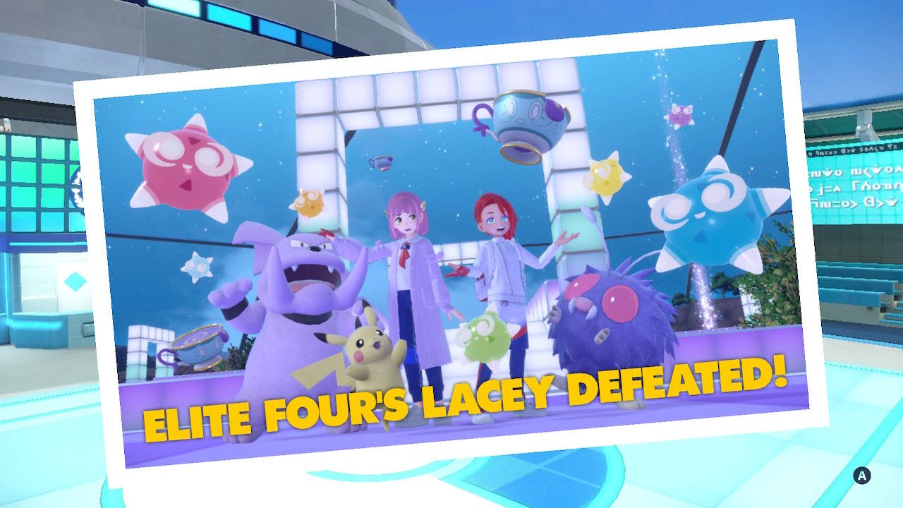 Pokemon Violet Lacey Victory picture showing Lacey, the player, and all trial Pokemon together