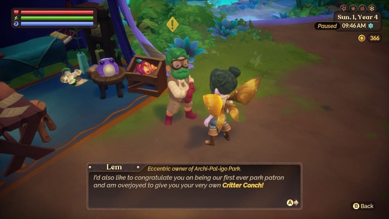 receiving the critter conch from lem in archipaligo park fae farm dlc talk to critters