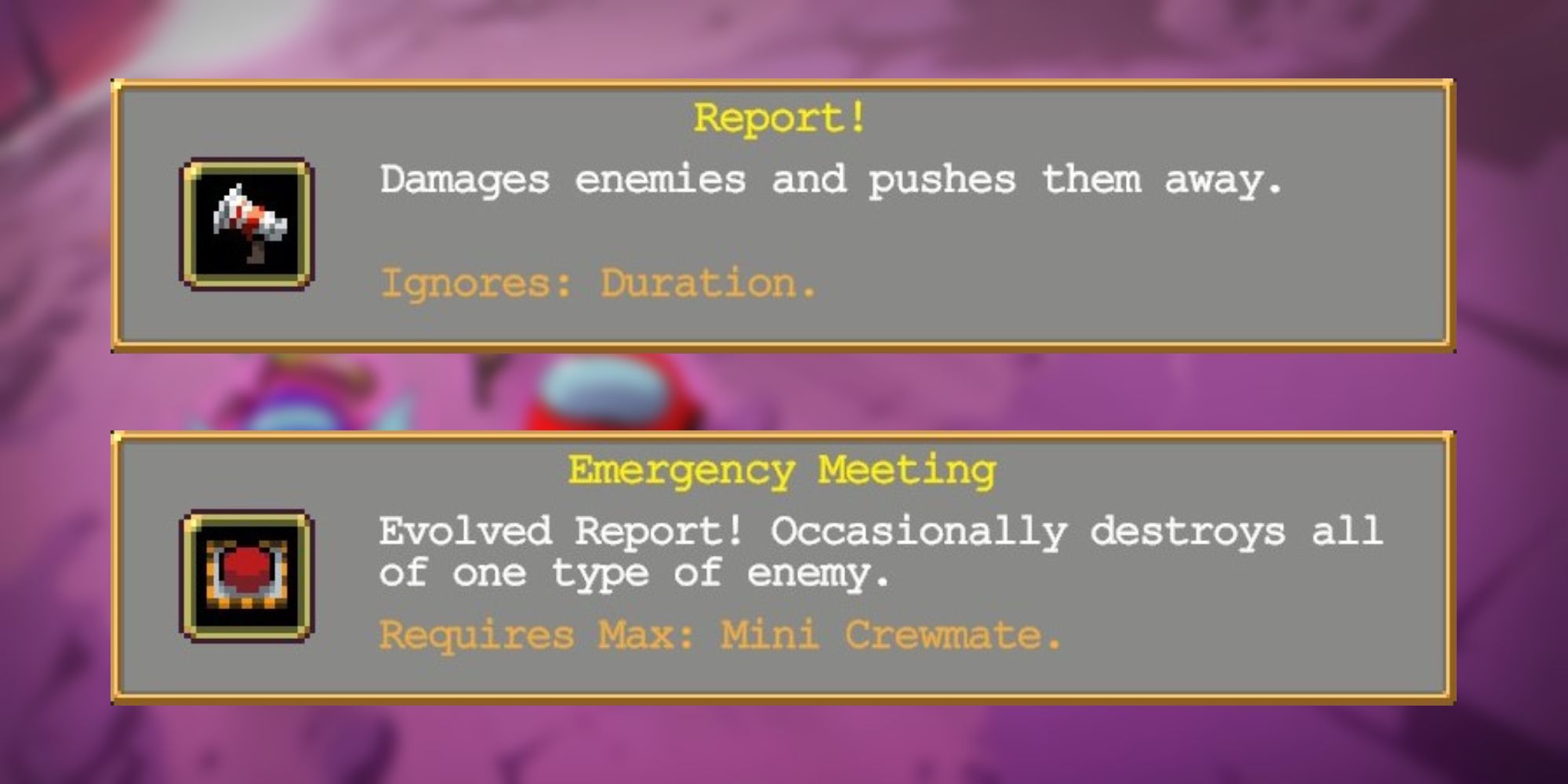 Info on the Report! and Emergency Meeting weapons from Vampire Survivors: Emergency Meeting