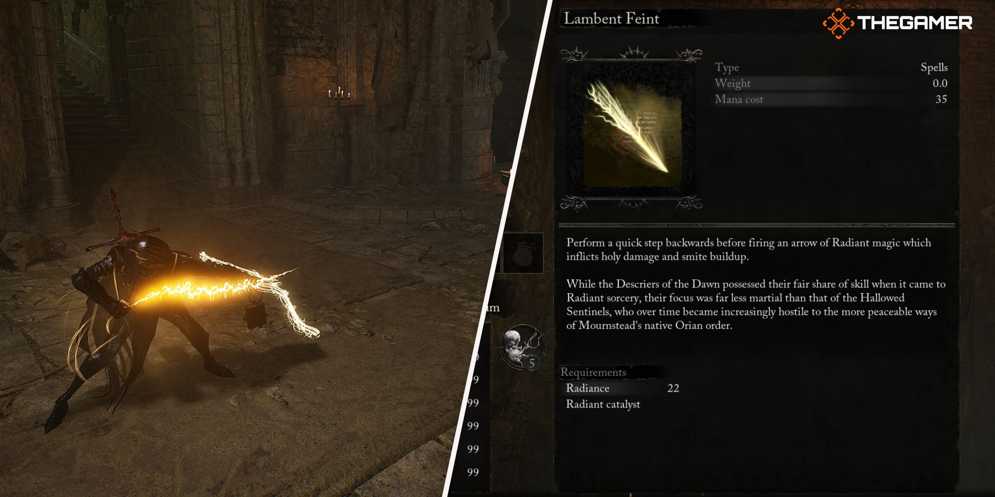 Right: Lambent Feint spell description - Left: Player using the Lambent Feint spell Lords of the Fallen