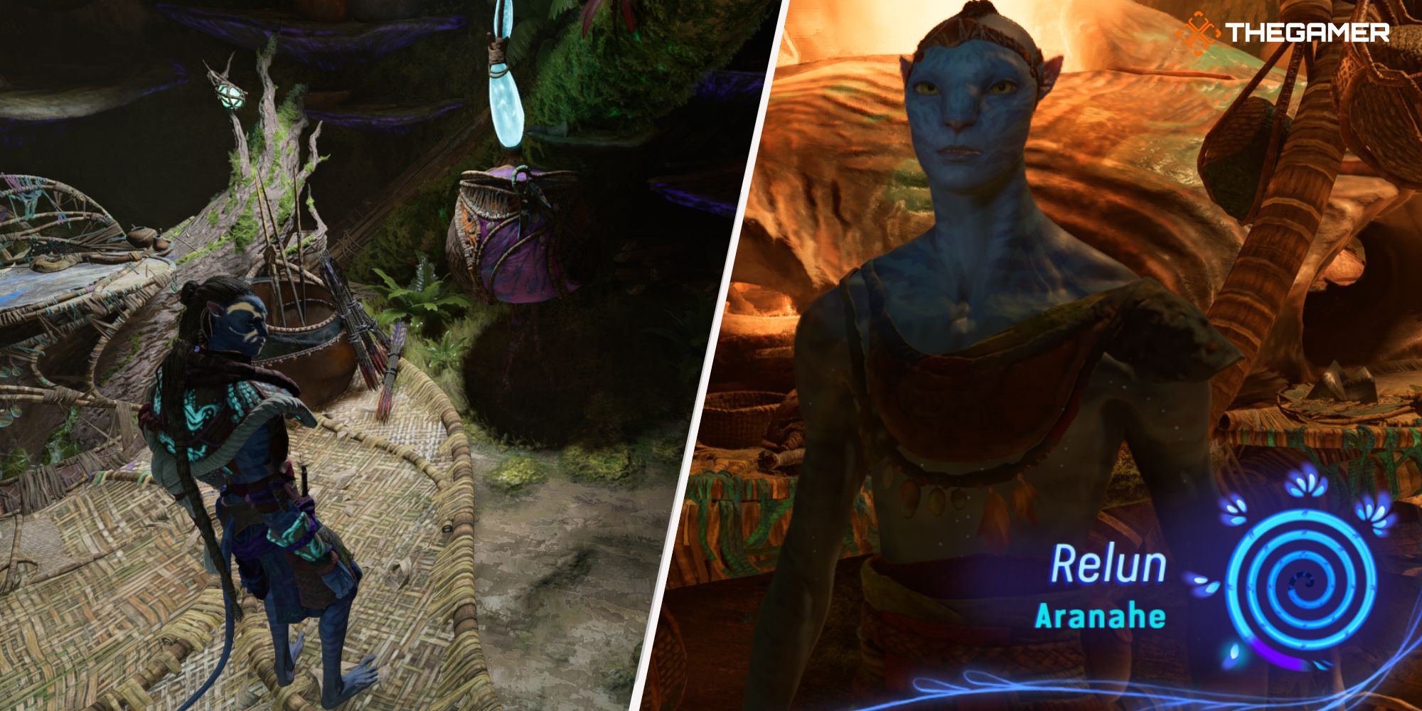 Right: A picture showing a Na'vi merchant and the spiral icon of clan favor - Left: Player standing next to a community basket Avatar Frontiers of Pandora