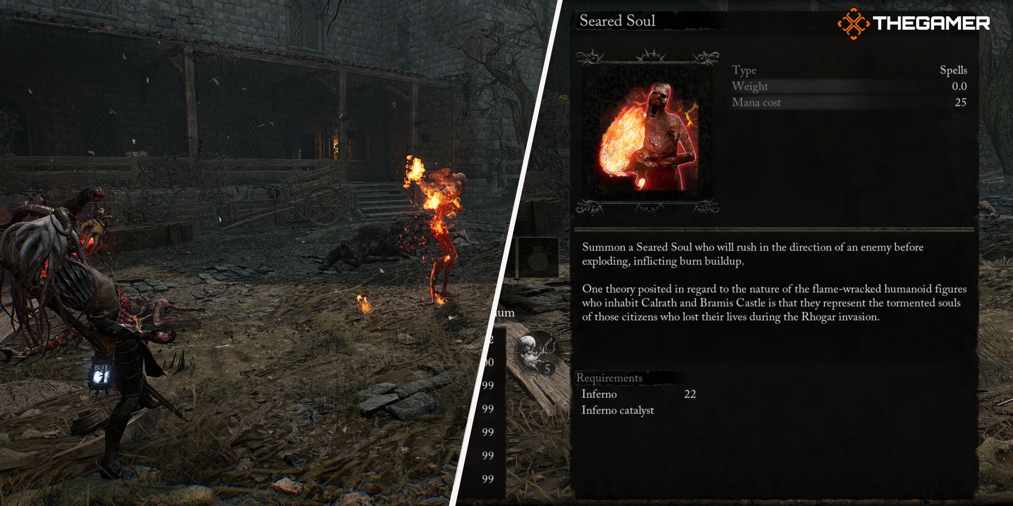 Right: Seared Soul spell description - Left: player using the Seared Soul spell Lords of the Fallen