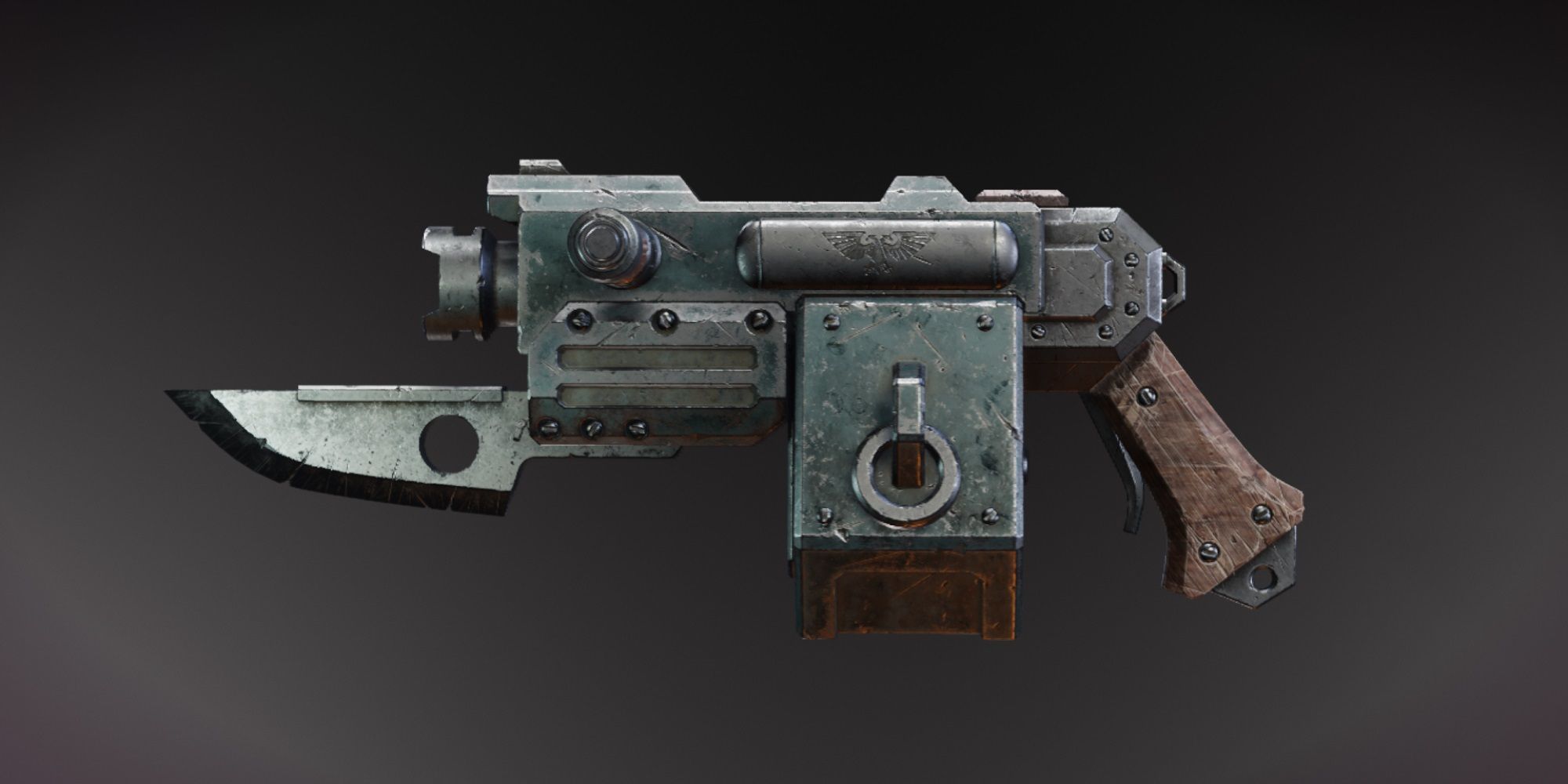 large wood and steal pistol like weapon with bayonet and big magazine