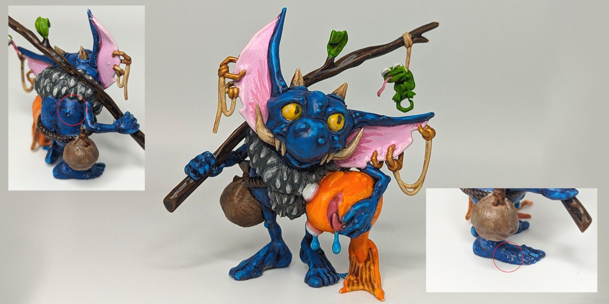 Rogue Hobbies Rascaltown goblin against a white background with inserts showing print lines