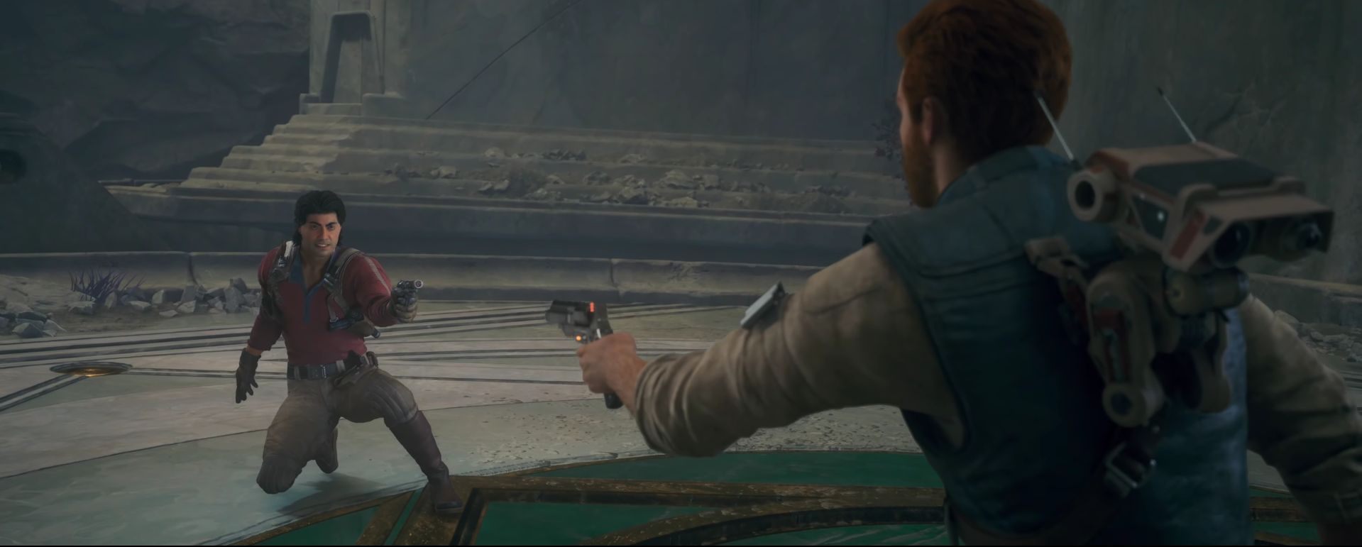 Cal and Bode aiming their blasters at one another in Star Wars Jedi: Survivor.