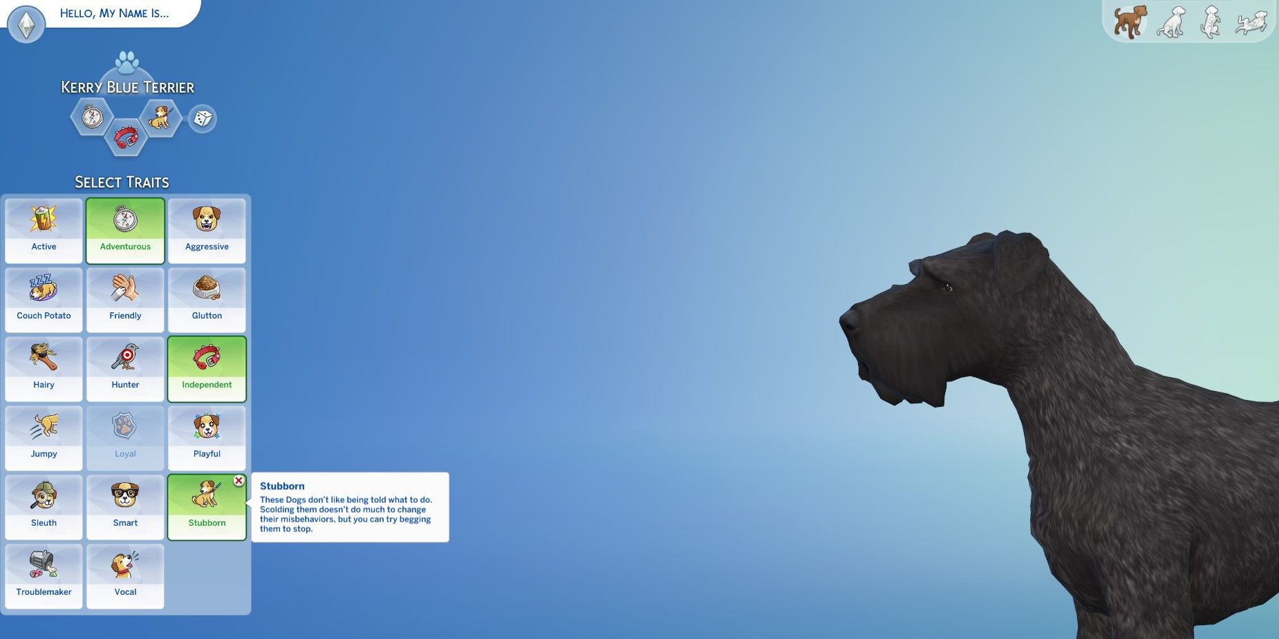The Sims 4: An image of the CAS menu for pet traits