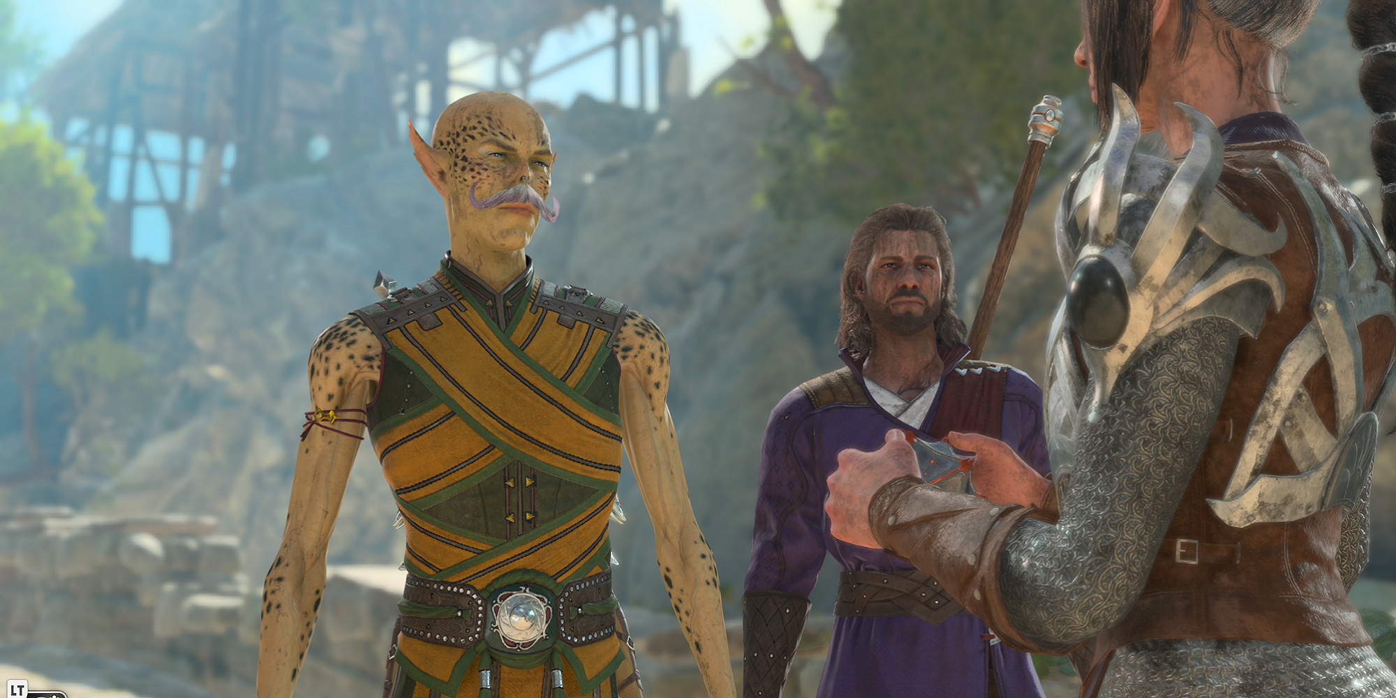 shadowheart explaining her artifact to a githyanki monk tav with an excellent moustache in baldur's gate 3