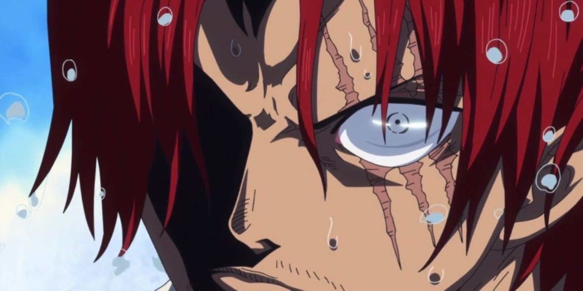 Closeup of Shanks with an intense glare on his face in One Piece.