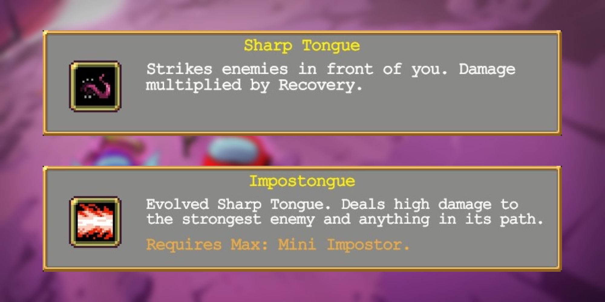 Info on the Sharp Tongue and Impostongue weapons from Vampire Survivors: Emergency Meeting