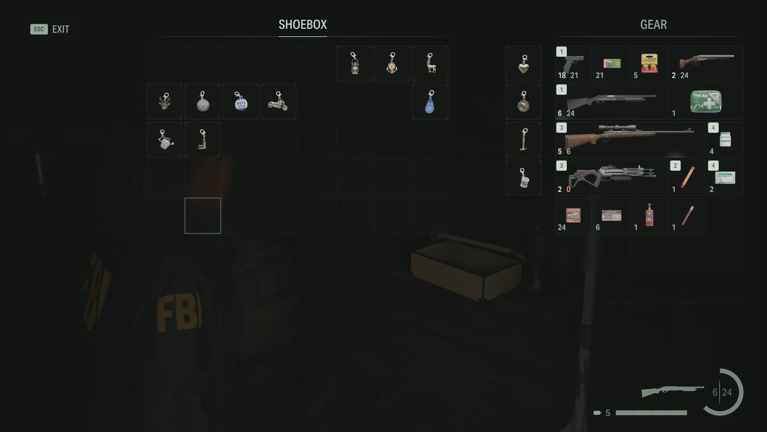 The Shoebox menu in the Final Draft. Every weapon is in the Gear section, despite this being early on.