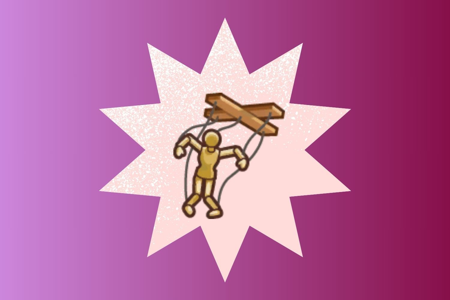 A marionette icon floats over a purple gradient background.