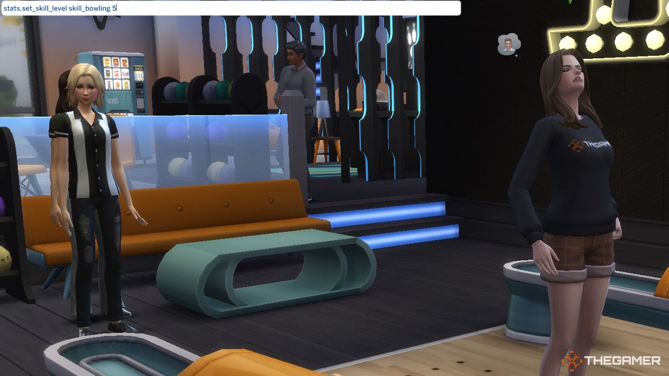 The cheat console in Sims 4 setting the bowling skill to max level