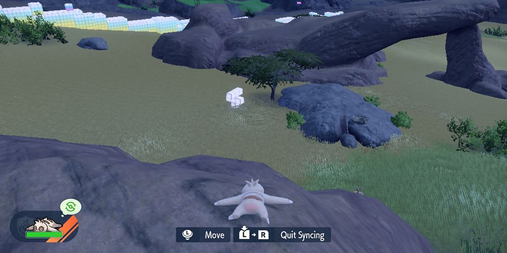 Slakoth sitting on a cliff looking out over the land while using the Synchro Machine.