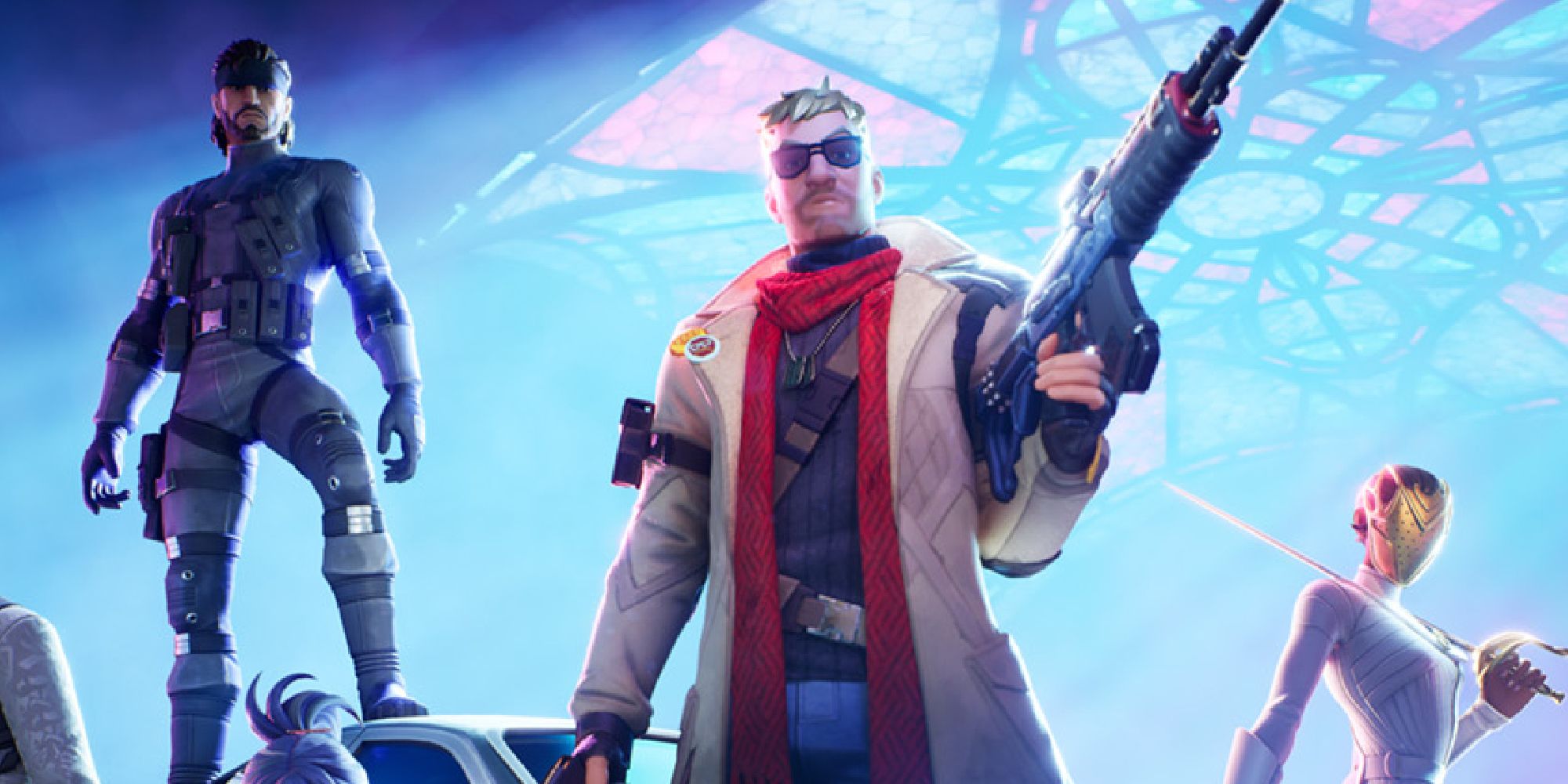 Solid Snake from Metal Gear Solid with two Fortnite characters on the key art of Chapter 5