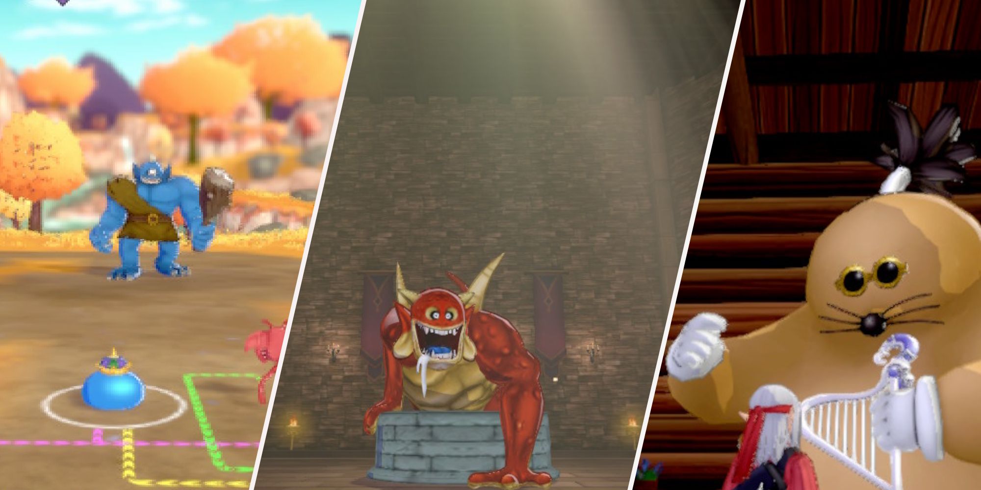 Split image of a fight against a Cyclops, a Well Wisher, and the Mole Hole in Dragon Quest Monsters The Dark Prince