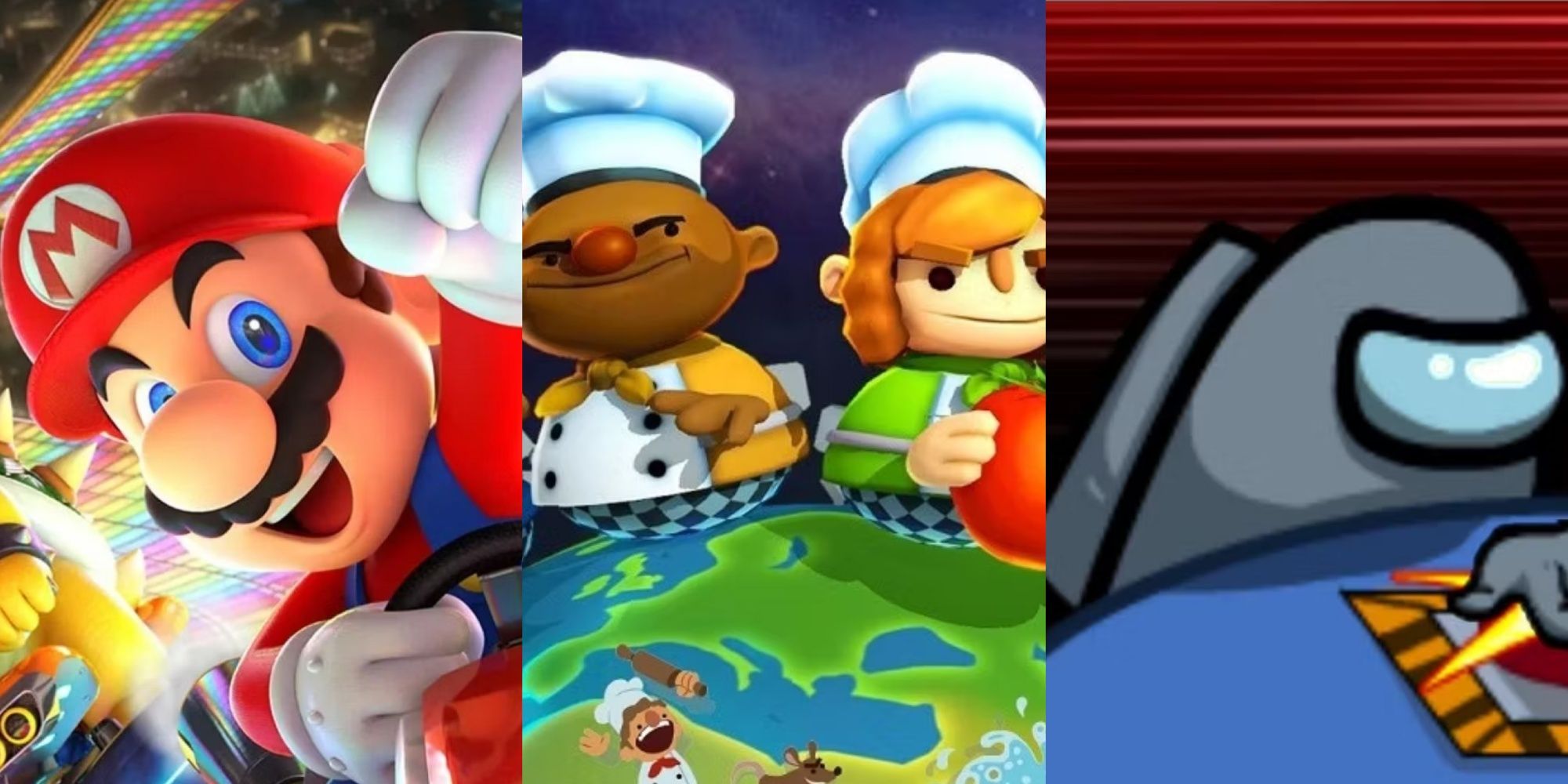 Split images of Mario Kart 8, Overcooked, and Among Us