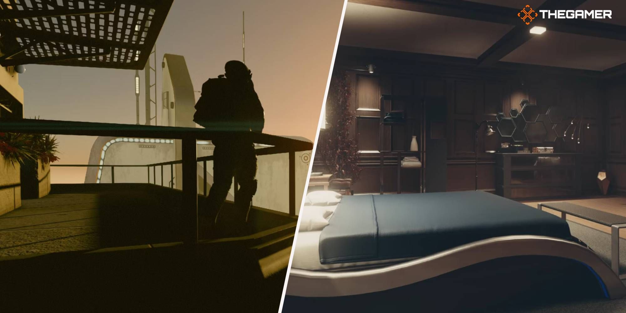Starfield image of standing outside the Mercury Penthouse at dawn and the Lodge bedroom.