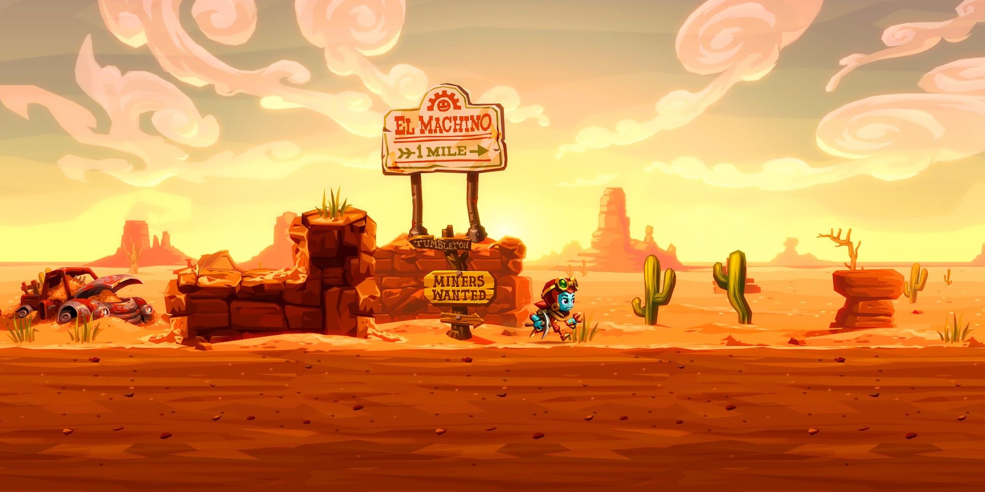 Dorothy running in a desert filled with signs and cacti. 
