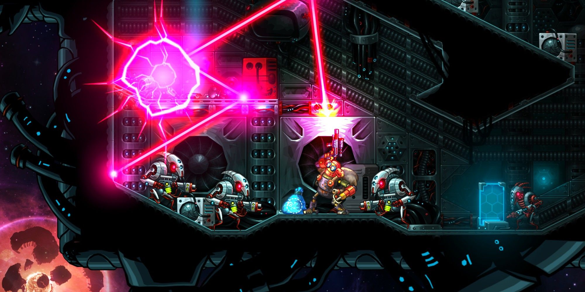 Purple laser being shot around a level filled with robot enemies. 