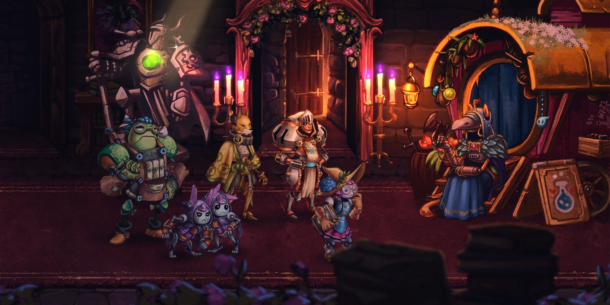 SteamWorld Quest party next to a shop. 