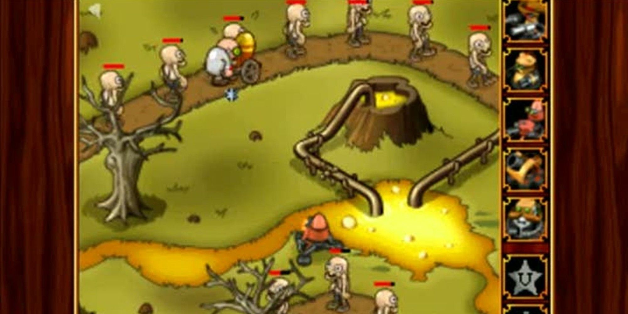 Humans enemies following a path in a field. 