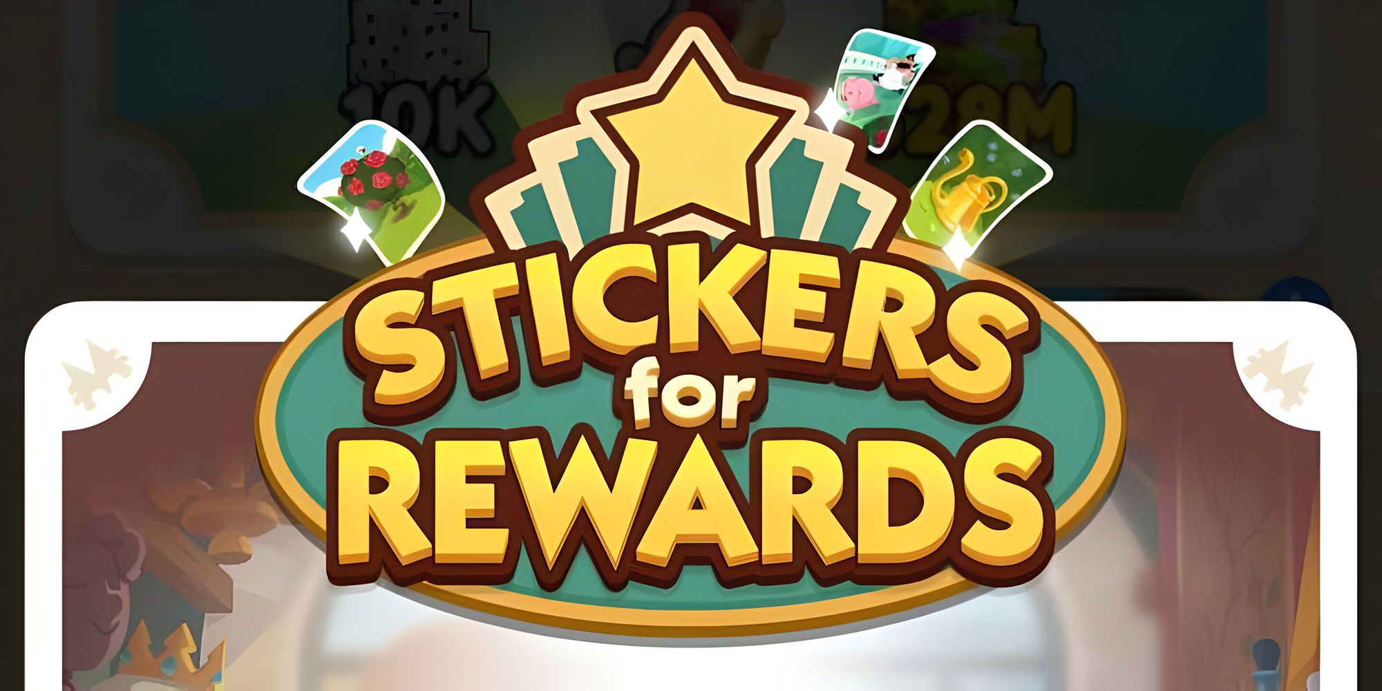 The banner for the Stickers for Rewards game feature in Monopoly GO!