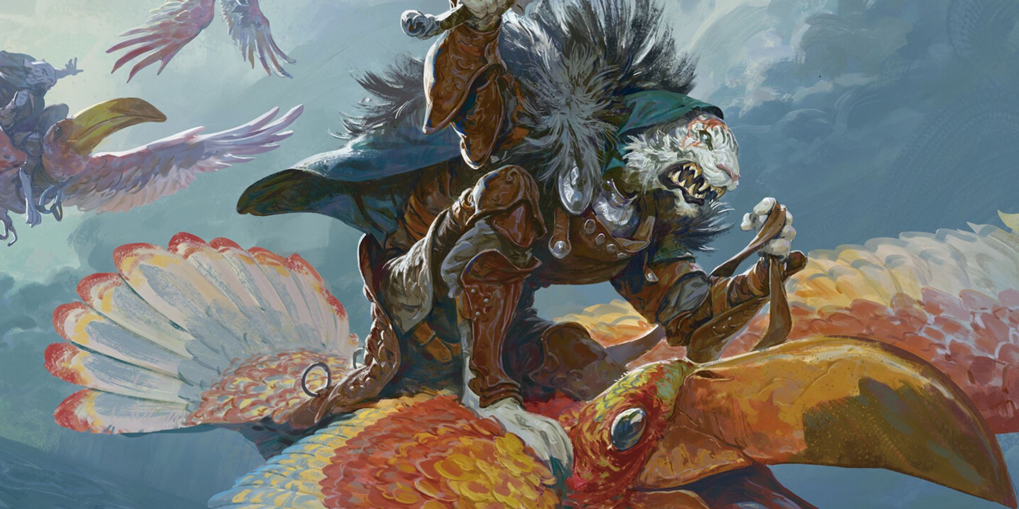 Tabaxi riding a toucan on the cover of an MTG card