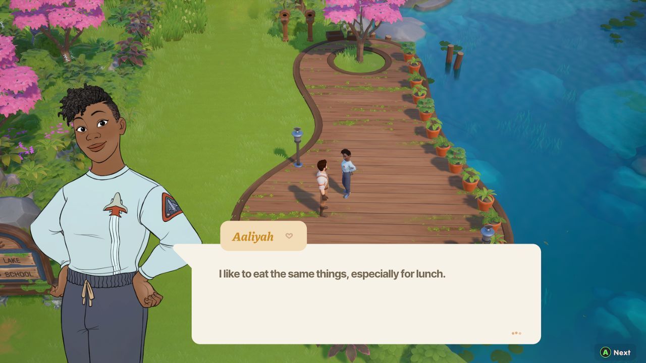 Talking to Aaliyah on the dock next to the lake.