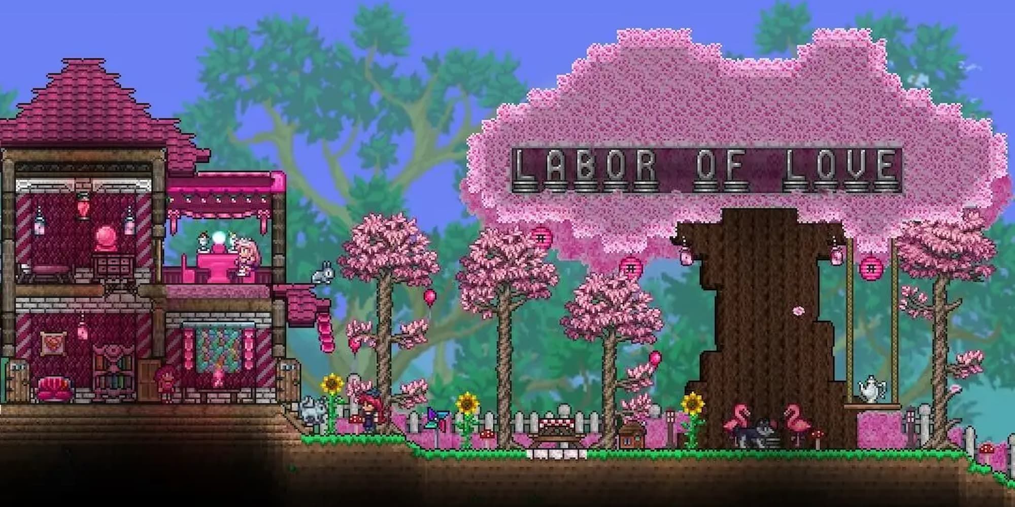 Pink buildings and trees are seen in the Labor of Love update for Terraria.