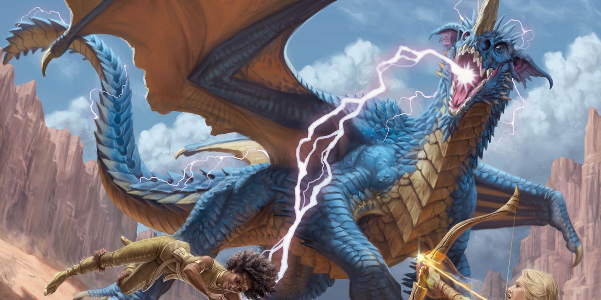 A pair of adventurers face off against a lightning charged blue dragon