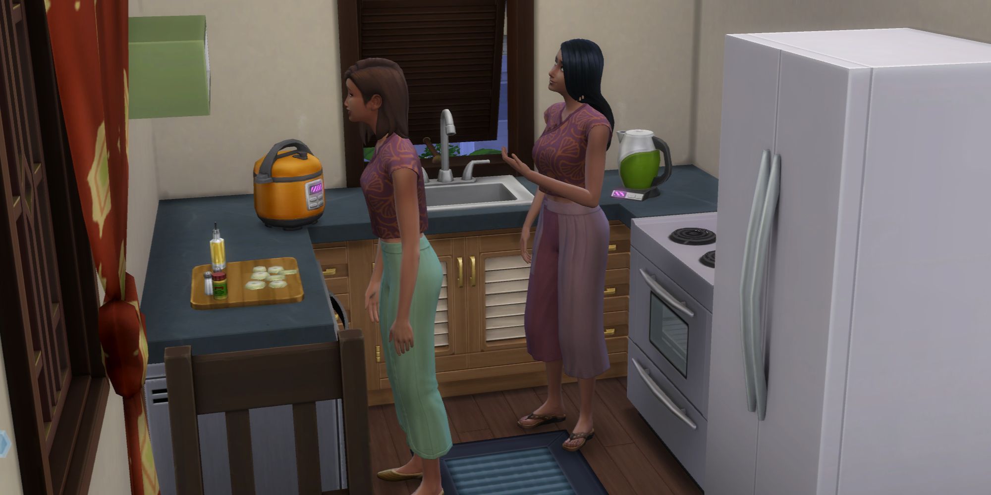 The SIms 4 for rent two sims in kitchen with new appliances