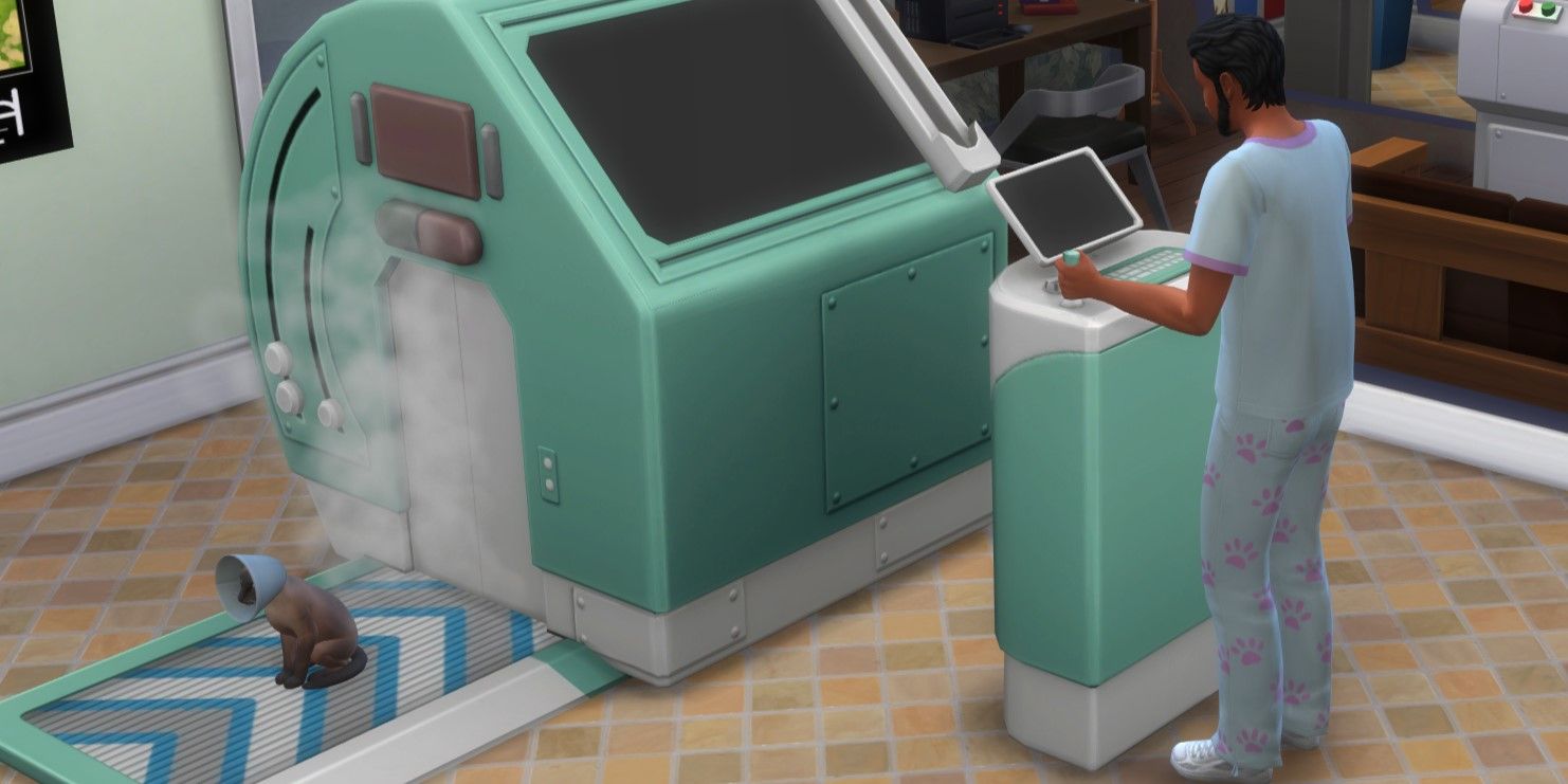 The Sims 4: An image of a cat with a cone on its head coming out of the pet surgery machine